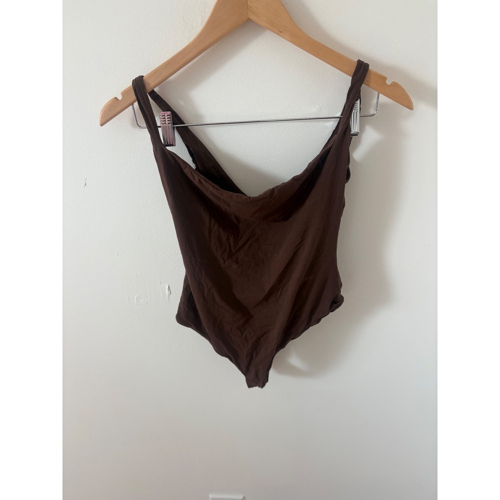 SKIMS Chocolate Brown Cowl Neck Thong Bodysuit Small Sleeveless Stretch Top